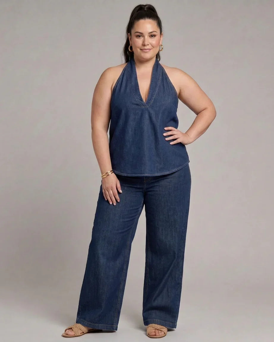 Completo Donna in Jeans Top e Pantaloni Palazzo