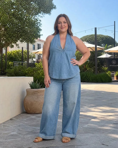 Completo Donna in Jeans Top e Pantaloni Palazzo