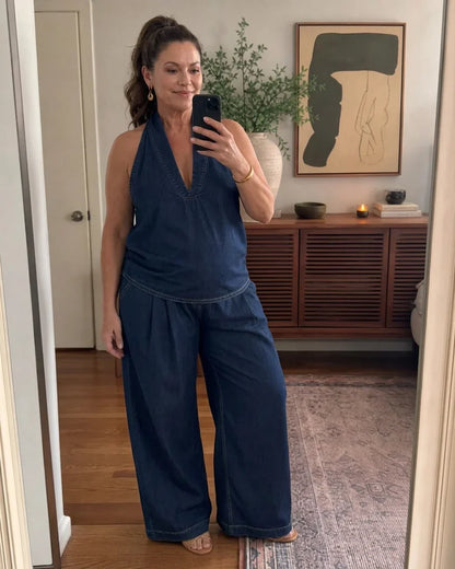 Completo Donna in Jeans Top e Pantaloni Palazzo