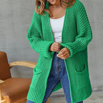 Cardigan Lungo Donna Aperto Maglia Grossa con Tasche