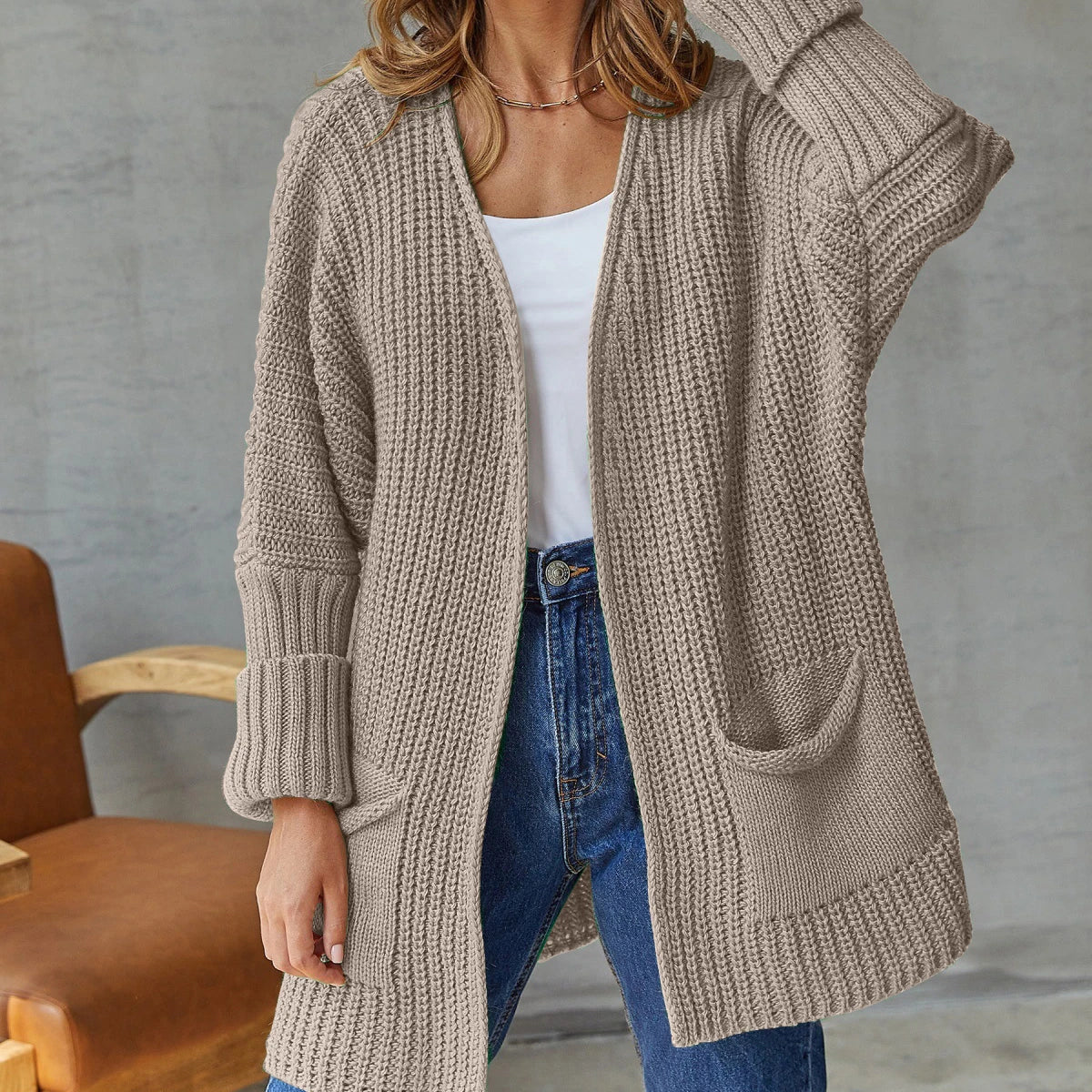 Cardigan Lungo Donna Aperto Maglia Grossa con Tasche