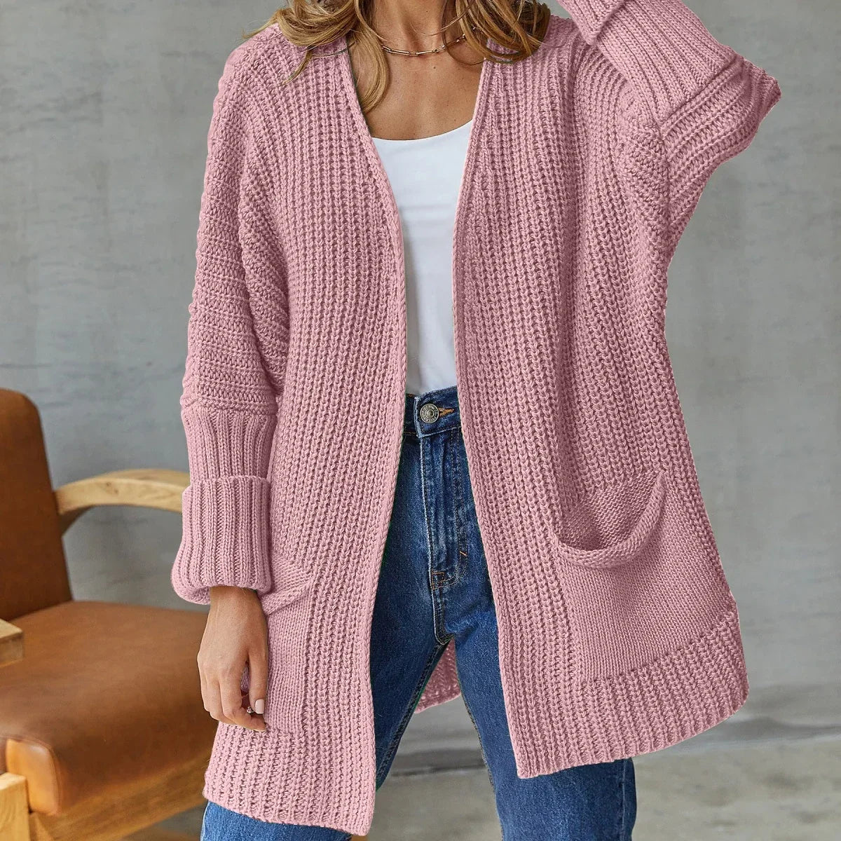 Cardigan Lungo Donna Aperto Maglia Grossa con Tasche