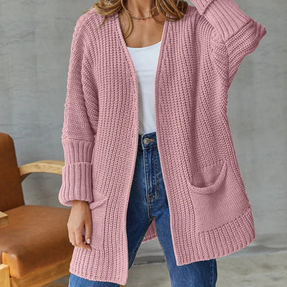 Cardigan Lungo Donna Aperto Maglia Grossa con Tasche