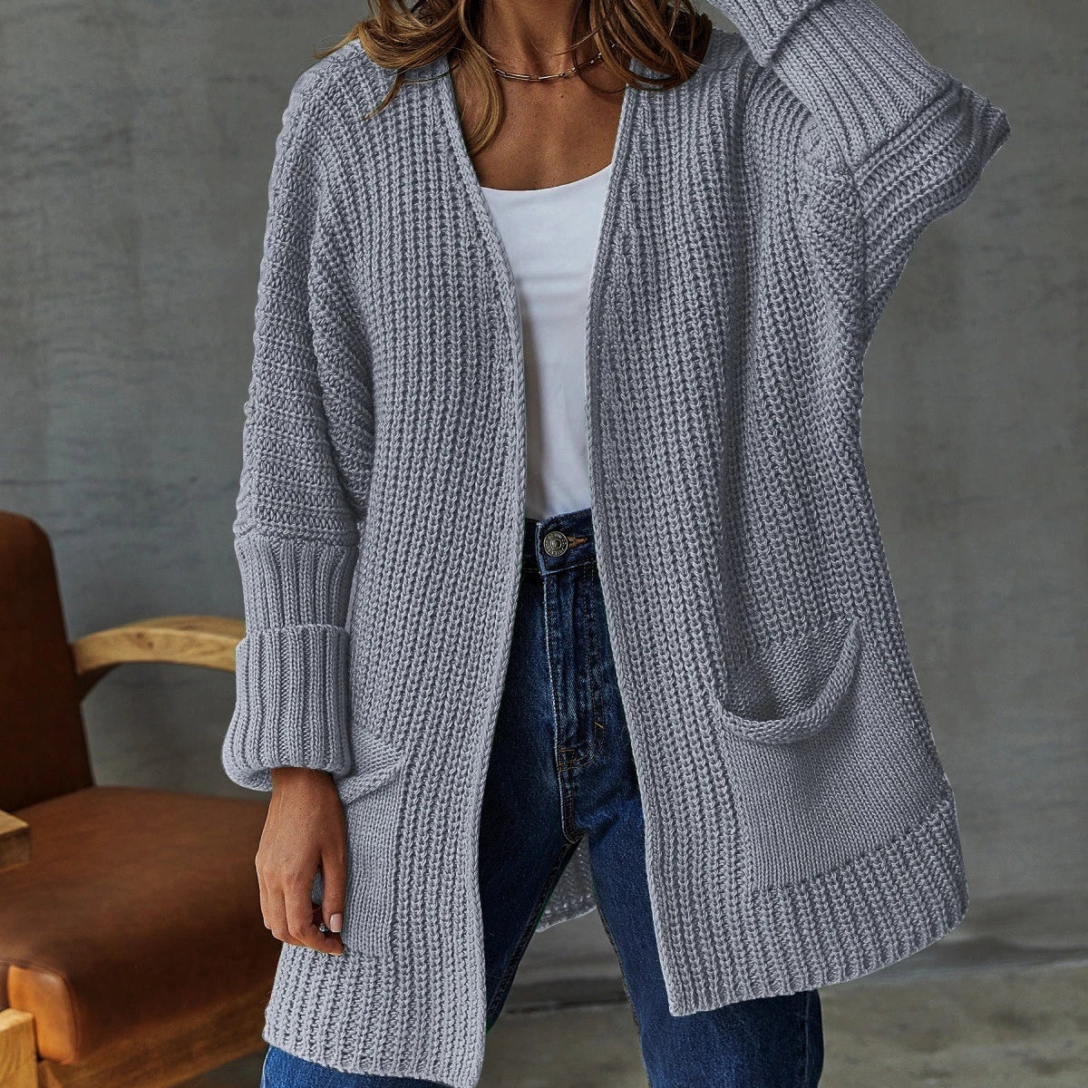 Cardigan Lungo Donna Aperto Maglia Grossa con Tasche