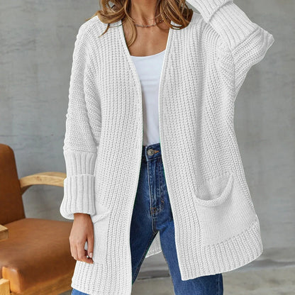 Cardigan Lungo Donna Aperto Maglia Grossa con Tasche
