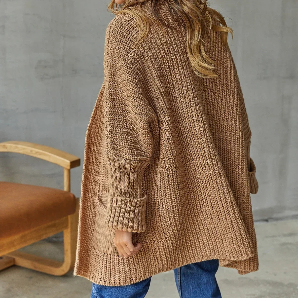 Cardigan Lungo Donna Aperto Maglia Grossa con Tasche
