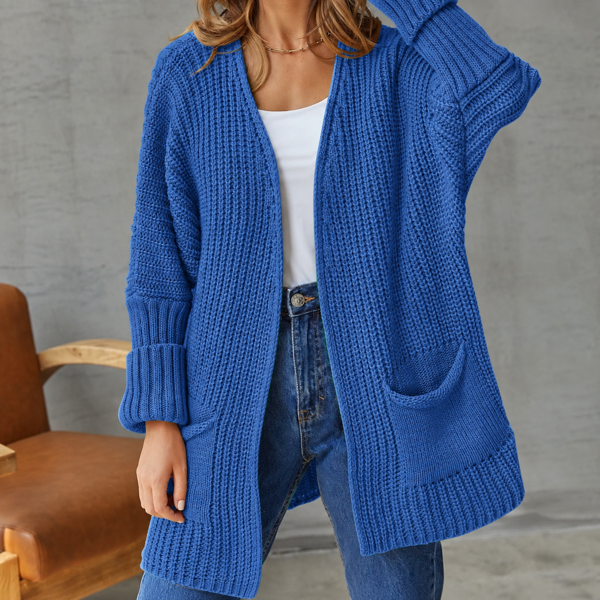 Cardigan Lungo Donna Aperto Maglia Grossa con Tasche