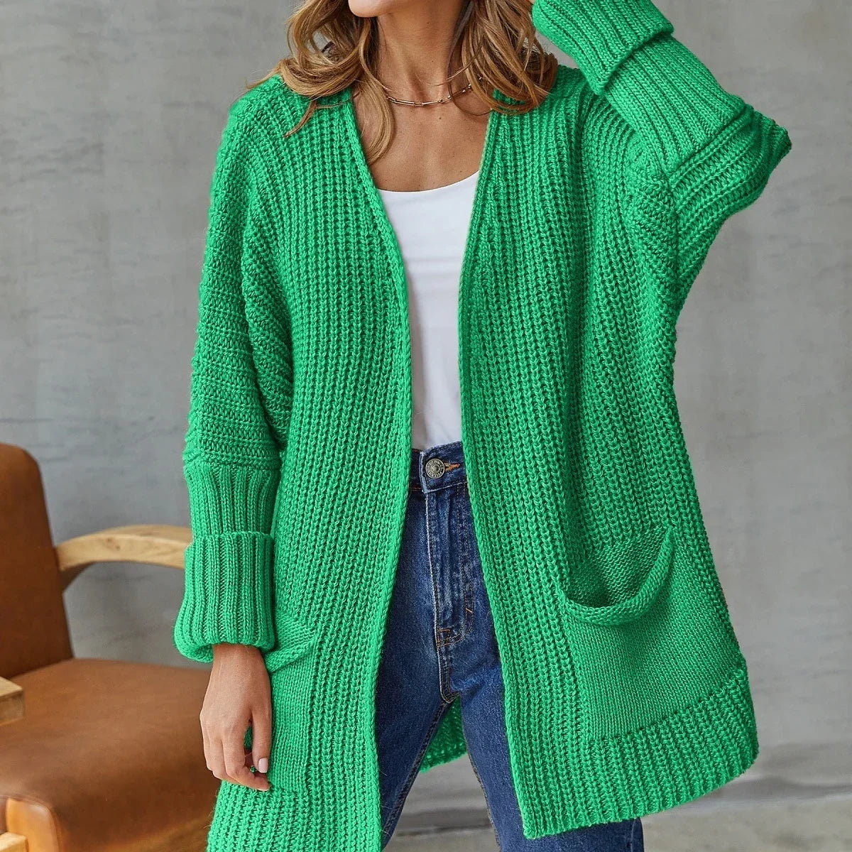 Cardigan Lungo Donna Aperto Maglia Grossa con Tasche