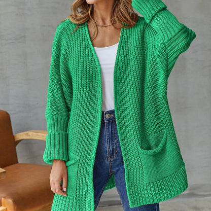 Cardigan Lungo Donna Aperto Maglia Grossa con Tasche