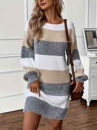 Abito Maglione Donna Oversize a Righe Maniche Sbuffo
