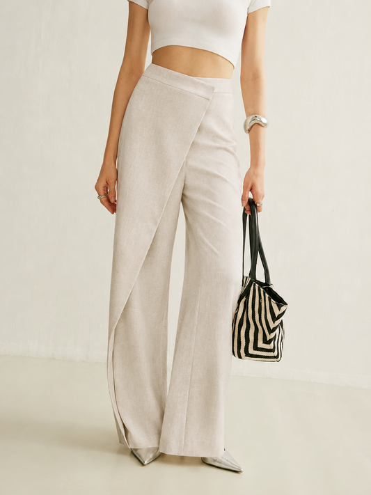 Pantaloni Donna Asimmetrici A Vita Alta Gamba Larga Crema