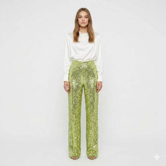 Pantaloni da Festa Donna Paillettes Gamba Dritta Alta