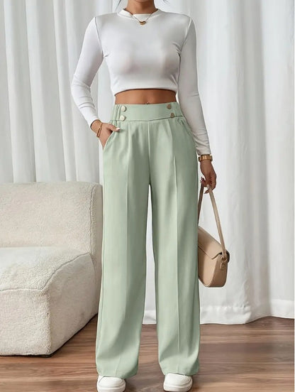 Pantaloni Palazzo Donna Vita Alta con Bottoni Dorati