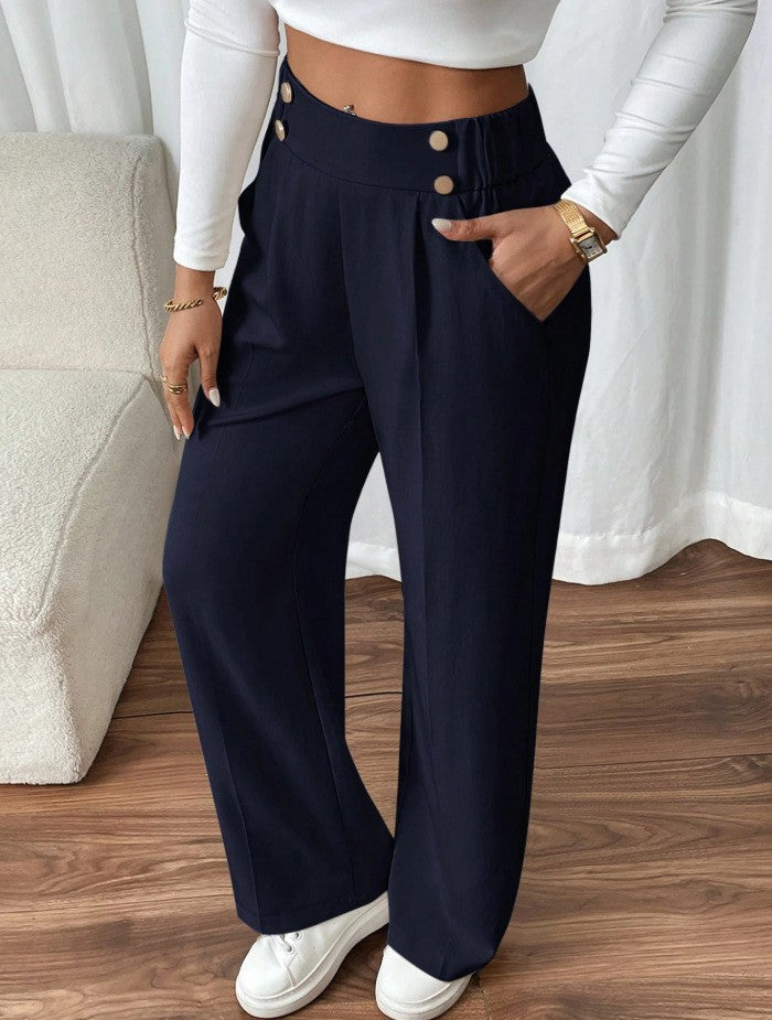 Pantaloni Palazzo Donna Vita Alta con Bottoni Dorati