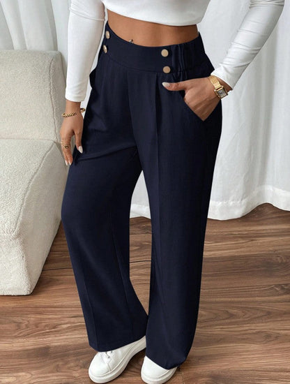 Pantaloni Palazzo Donna Vita Alta con Bottoni Dorati