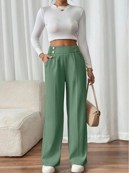 Pantaloni Palazzo Donna Vita Alta con Bottoni Dorati