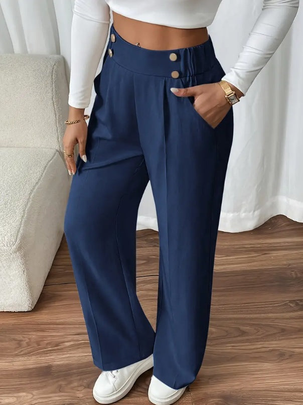Pantaloni Palazzo Donna Vita Alta con Bottoni Dorati