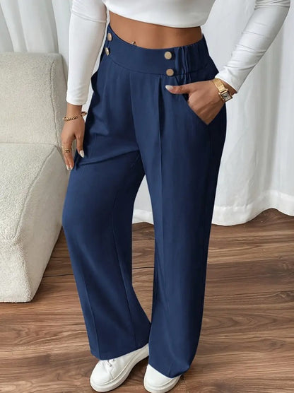 Pantaloni Palazzo Donna Vita Alta con Bottoni Dorati