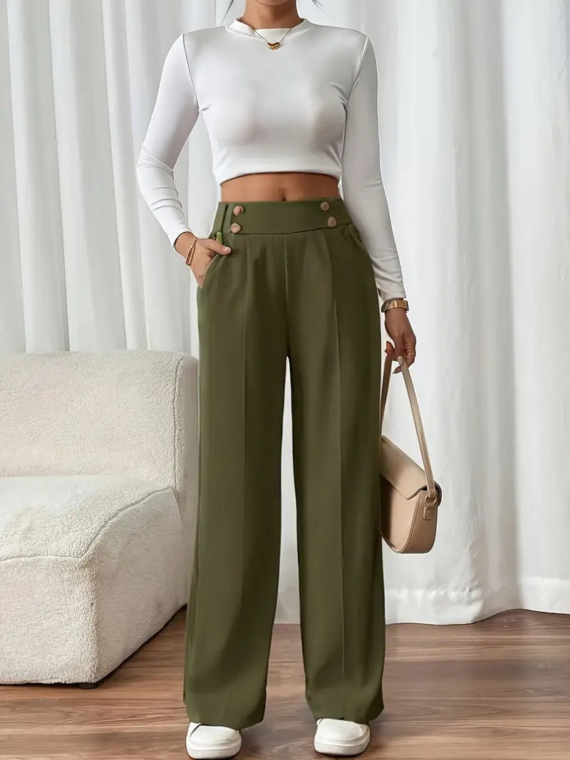 Pantaloni Palazzo Donna Vita Alta con Bottoni Dorati