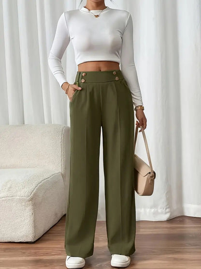 Pantaloni Palazzo Donna Vita Alta con Bottoni Dorati