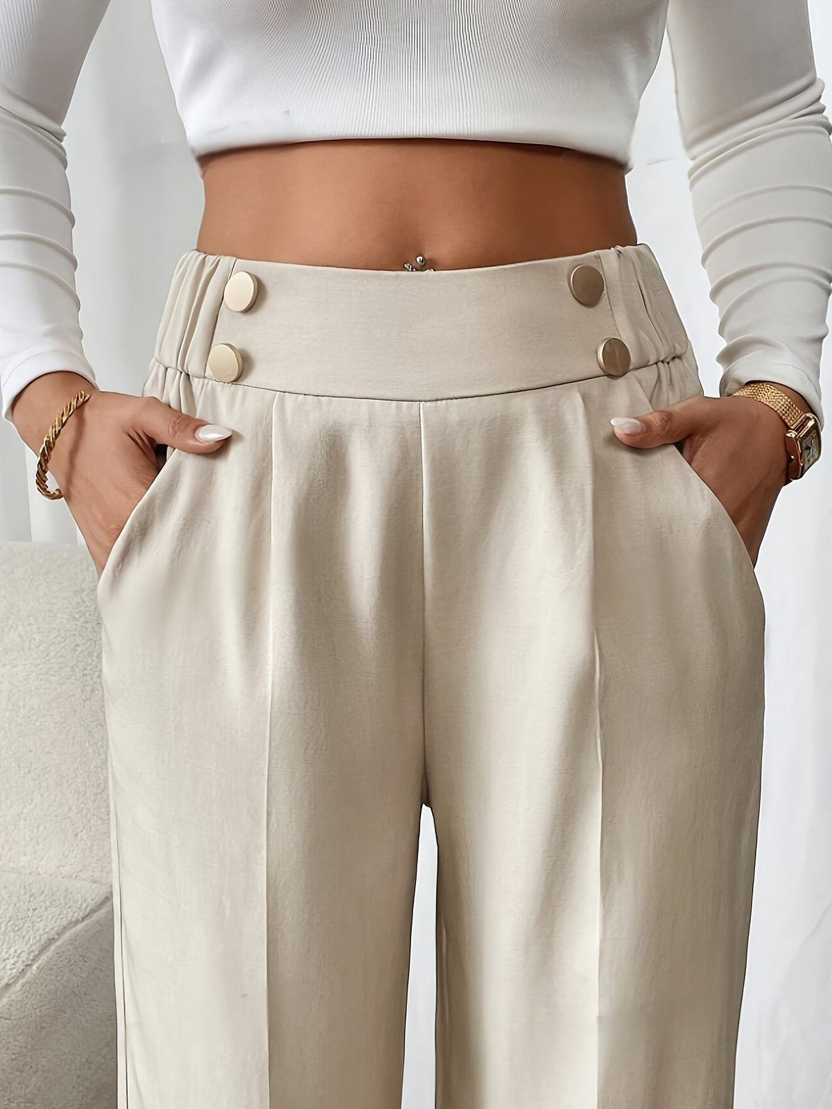 Pantaloni Palazzo Donna Vita Alta con Bottoni Dorati