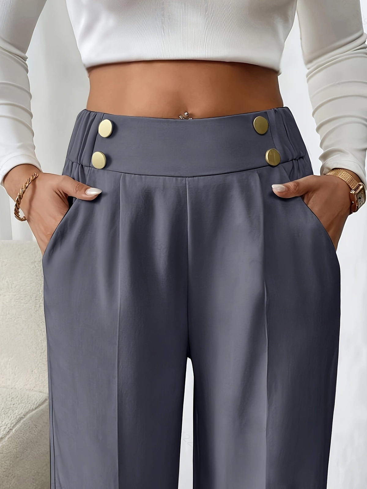 Pantaloni Palazzo Donna Vita Alta con Bottoni Dorati