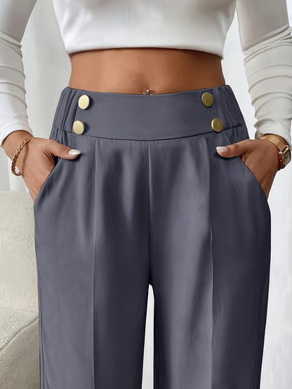Pantaloni Palazzo Donna Vita Alta con Bottoni Dorati