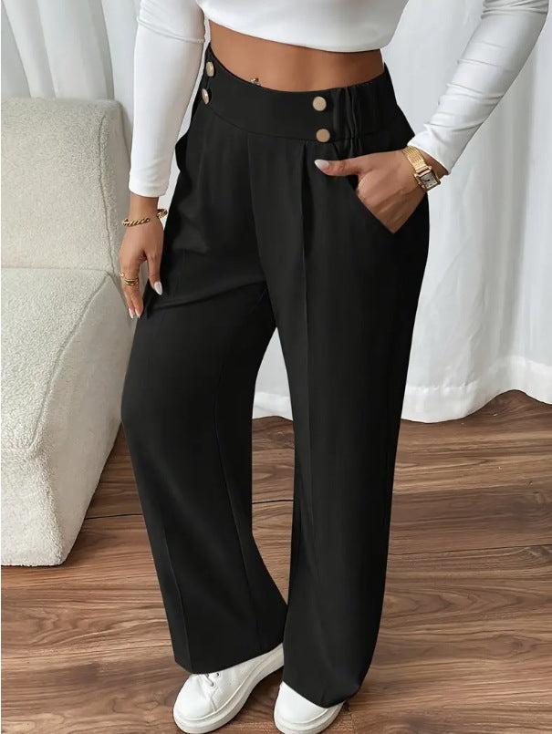 Pantaloni Palazzo Donna Vita Alta con Bottoni Dorati