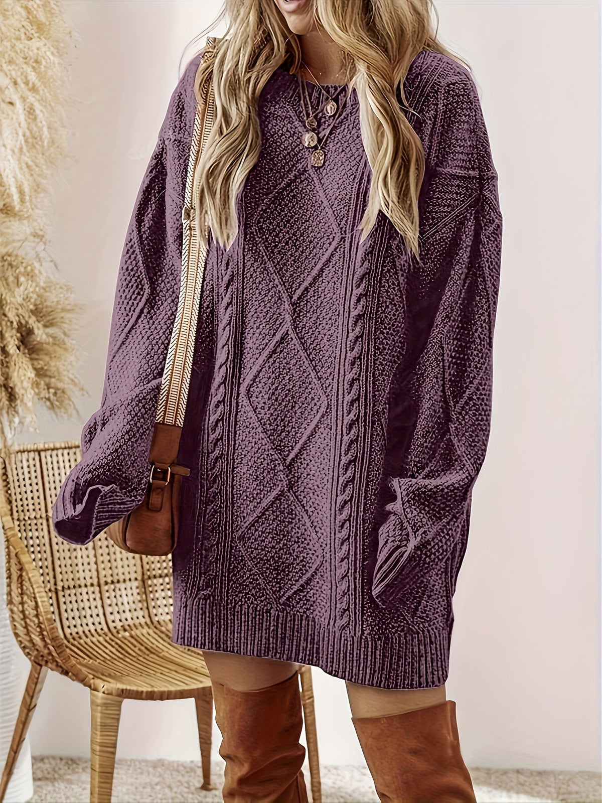 Abito Maglione Donna a Trecce Girocollo Viola