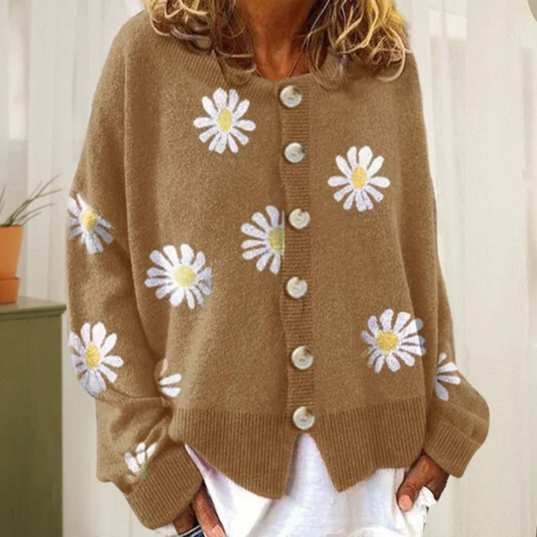 Cardigan Donna con Margherite in Maglia Girocollo
