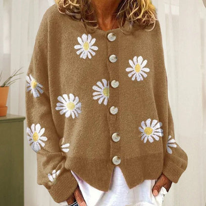 Cardigan Donna con Margherite in Maglia Girocollo
