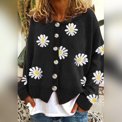 Cardigan Donna con Margherite in Maglia Girocollo