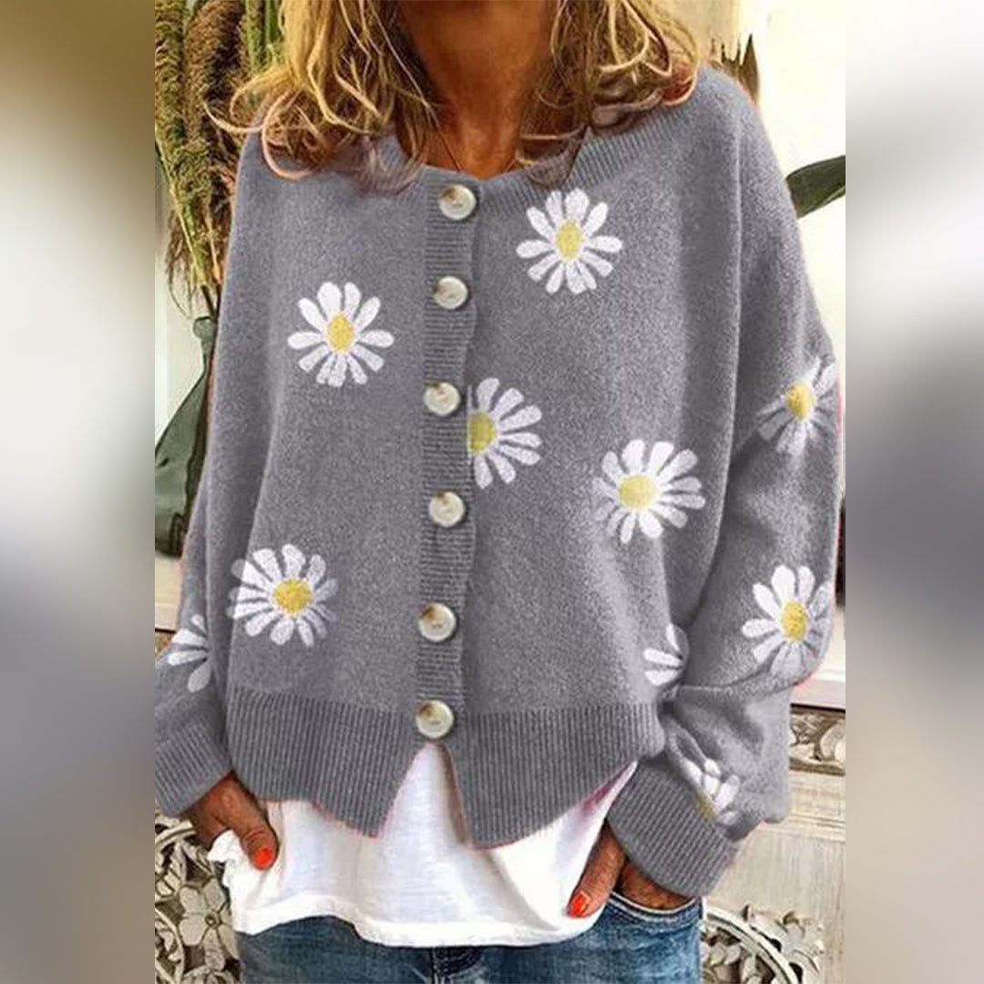 Cardigan Donna con Margherite in Maglia Girocollo