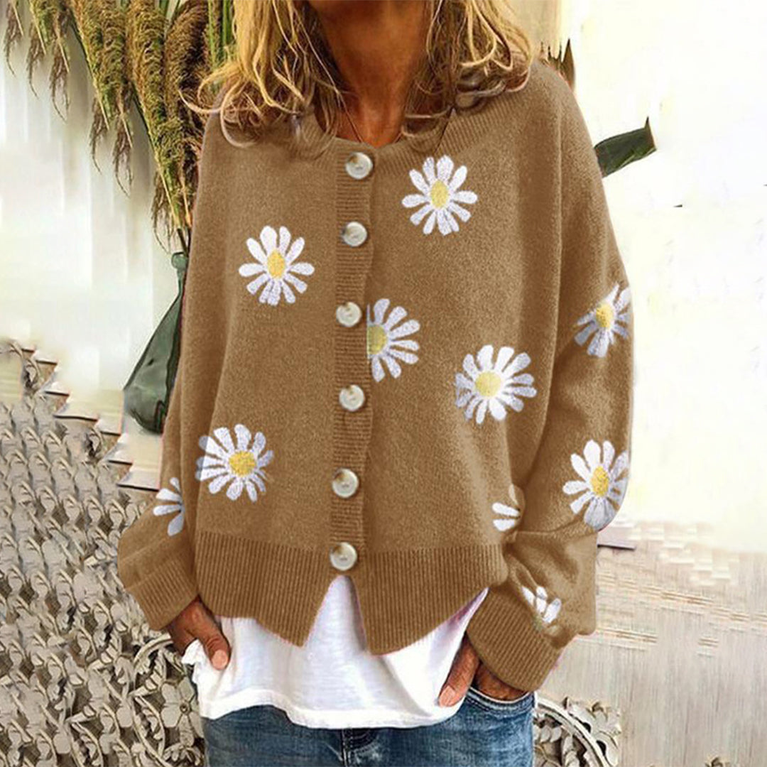 Cardigan Donna con Margherite in Maglia Girocollo