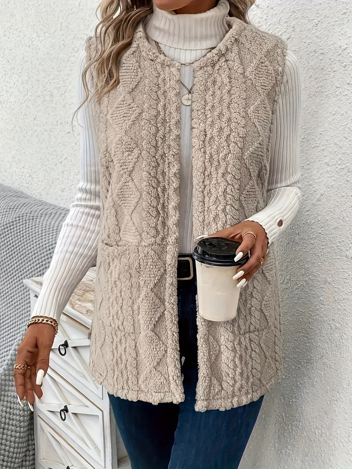 Gilet in Pile Donna Aperto Motivo a Rombi