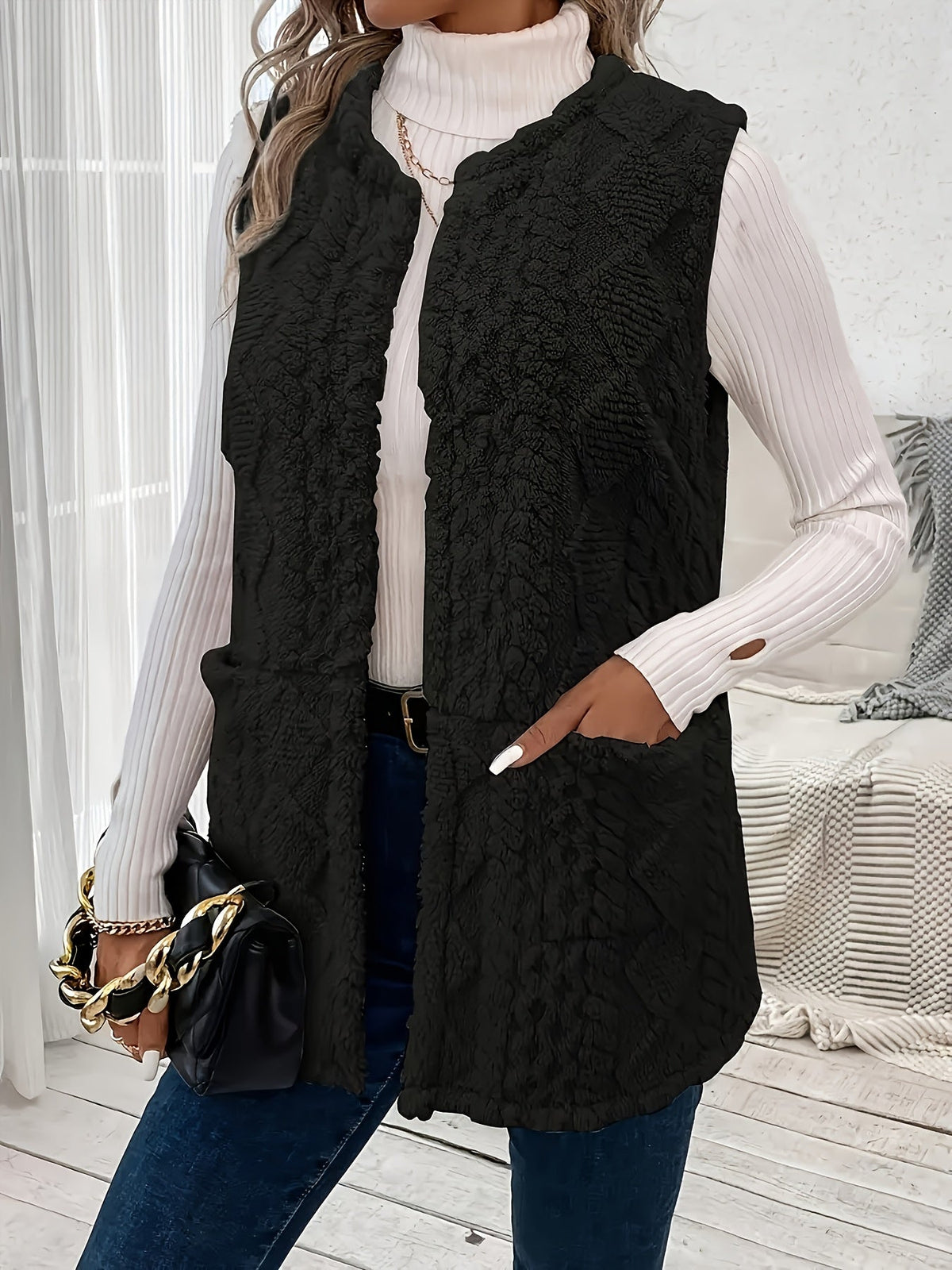 Gilet in Pile Donna Aperto Motivo a Rombi