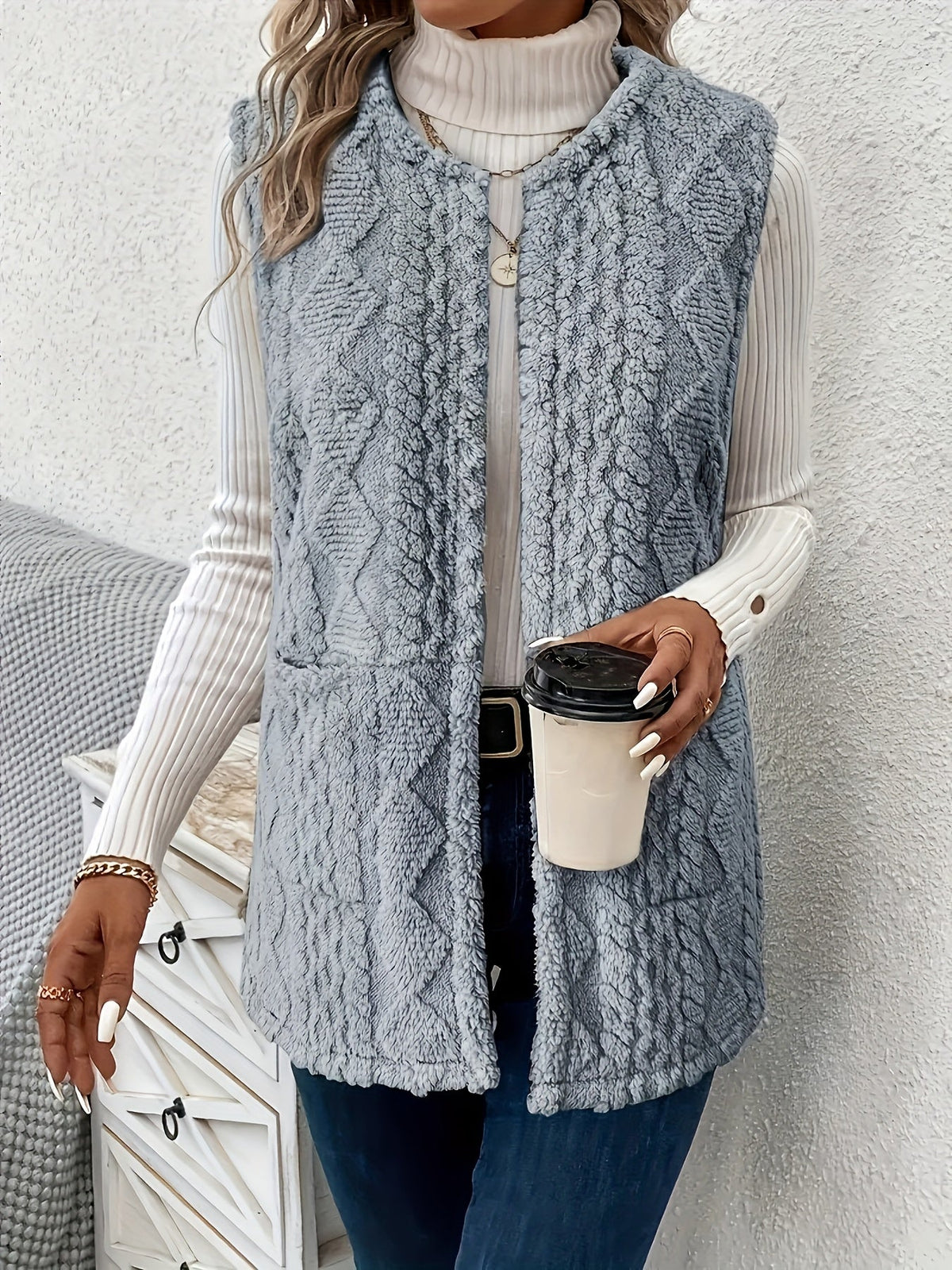 Gilet in Pile Donna Aperto Motivo a Rombi
