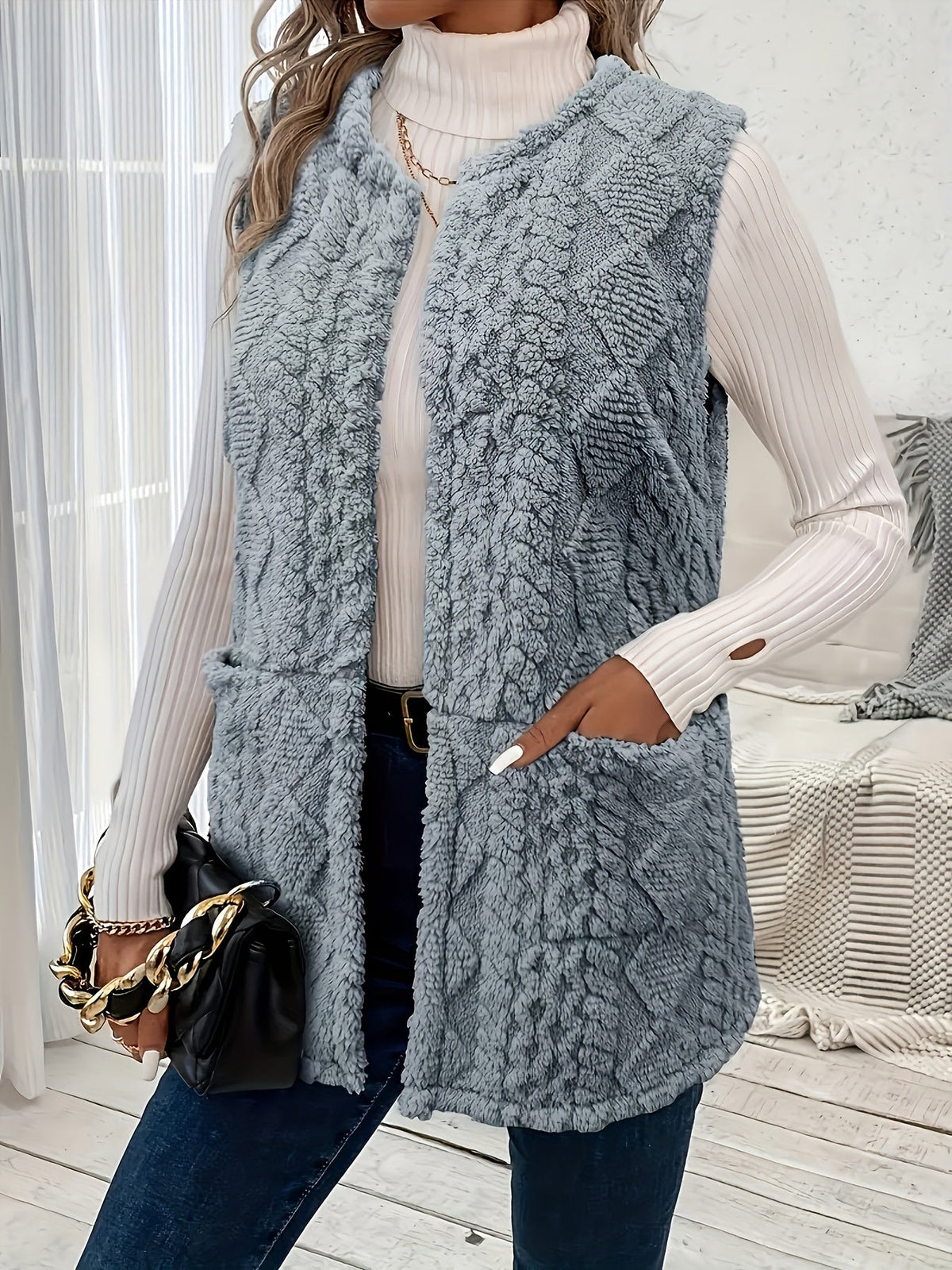 Gilet in Pile Donna Aperto Motivo a Rombi