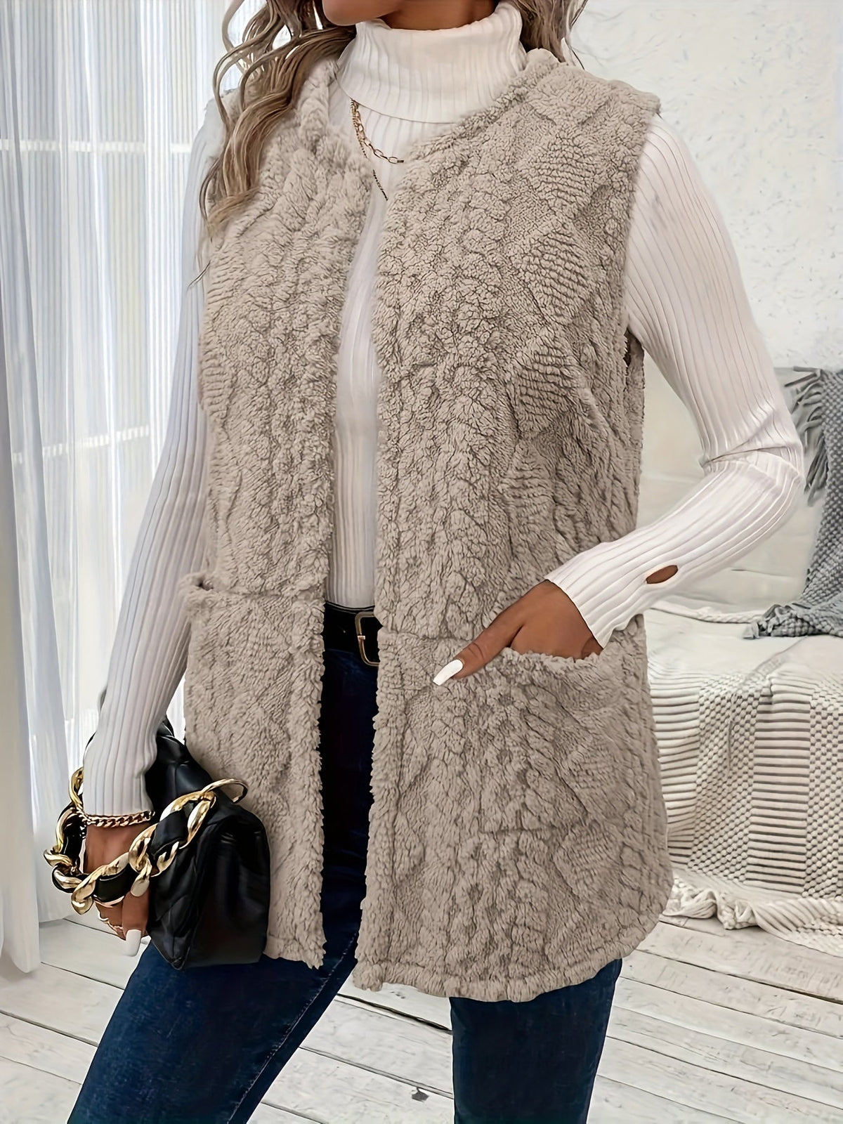 Gilet in Pile Donna Aperto Motivo a Rombi
