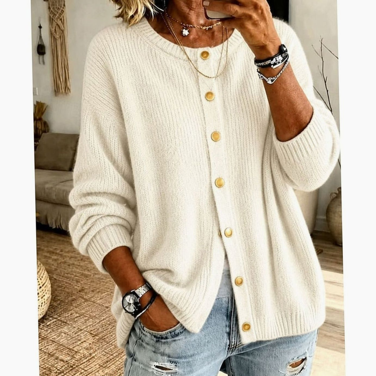 Cardigan Donna Girocollo con Bottoni Dorati