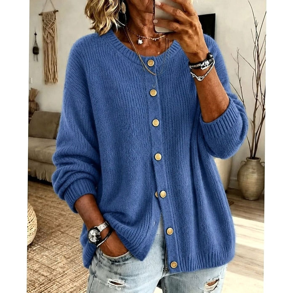 Cardigan Donna Girocollo con Bottoni Dorati