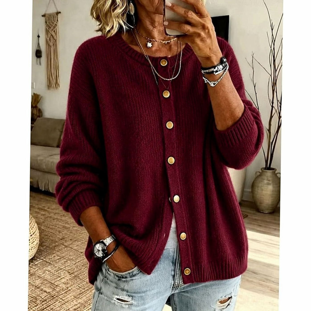 Cardigan Donna Girocollo con Bottoni Dorati