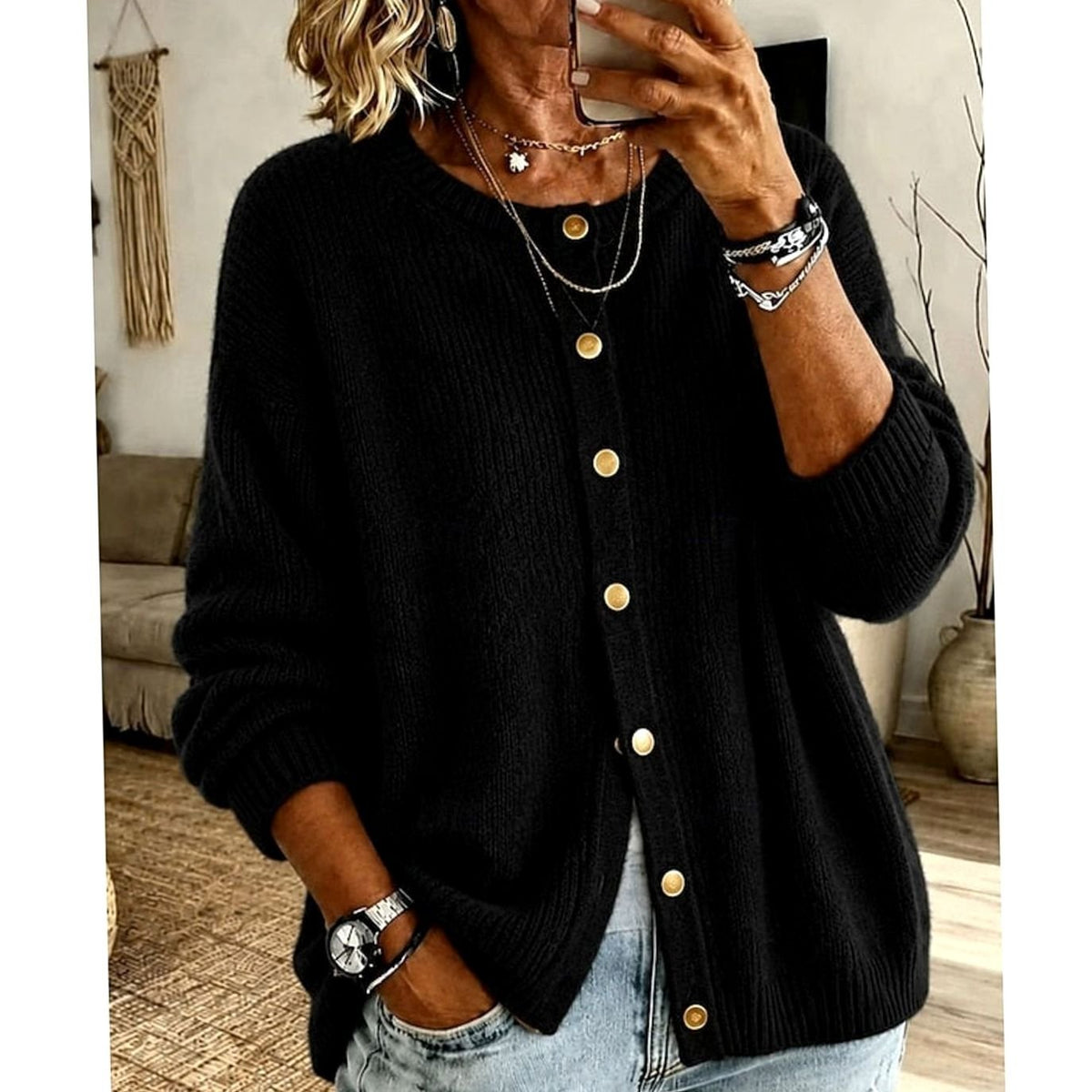 Cardigan Donna Girocollo con Bottoni Dorati