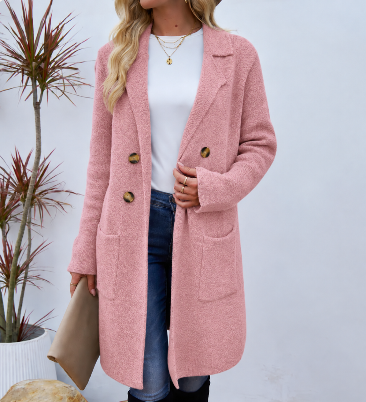 Cappotto Donna in Maglia Doppiopetto con Bottoni Dorati