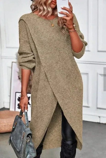 Abito Maglione Donna Midi Incrociato con Spacco
