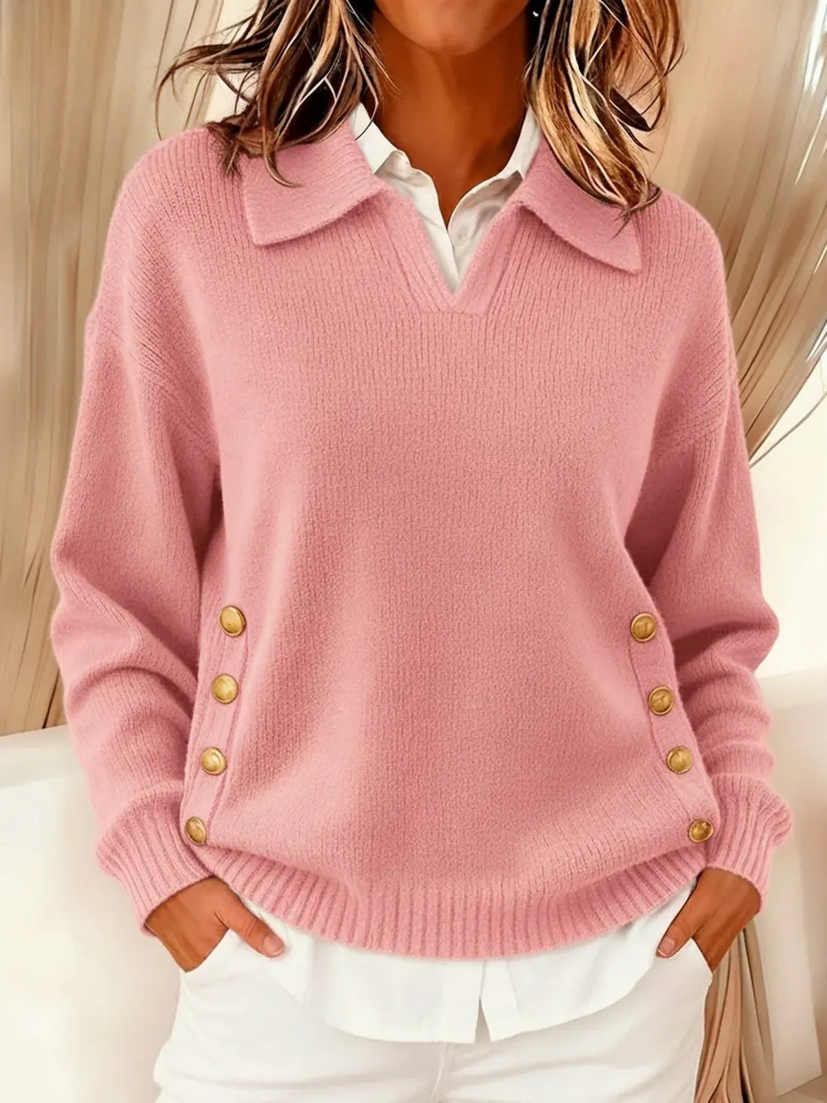 Maglione Donna con Colletto Polo e Bottoni Dorati