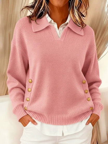 Maglione Donna con Colletto Polo e Bottoni Dorati