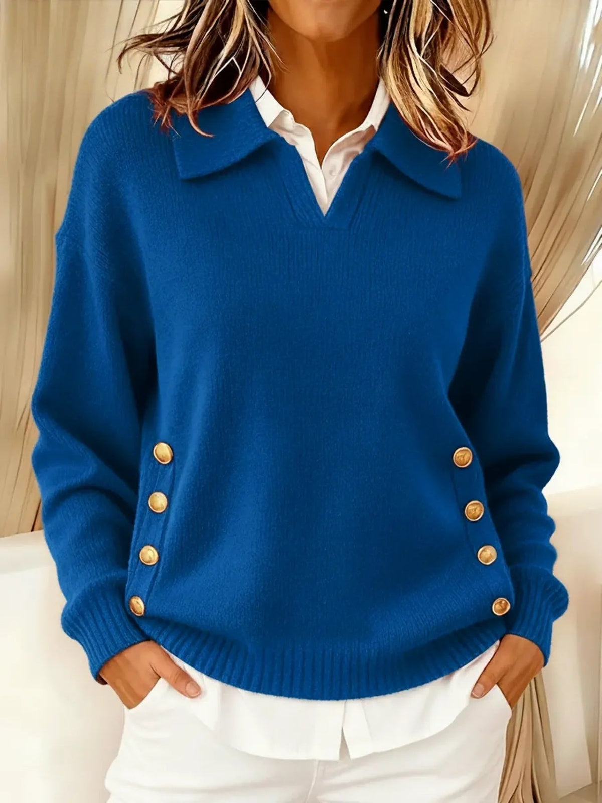 Maglione Donna con Colletto Polo e Bottoni Dorati