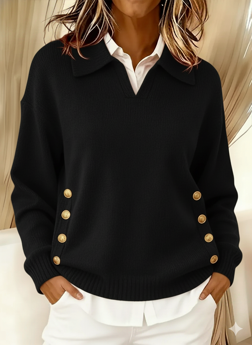 Maglione Donna con Colletto Polo e Bottoni Dorati