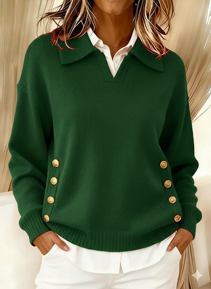 Maglione Donna con Colletto Polo e Bottoni Dorati